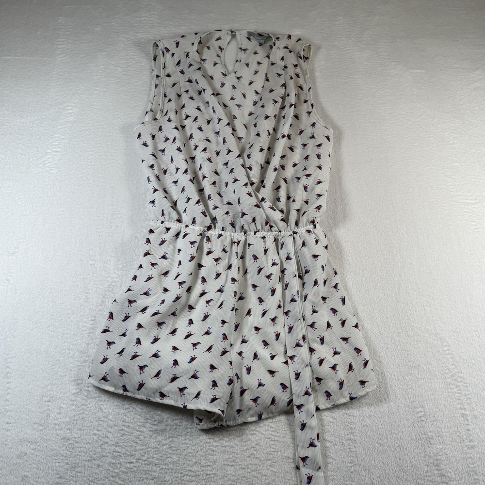 Sweet Rain Romper Womens Medium White‎ Bird Print Crepe V Neck Sleeveless Casual